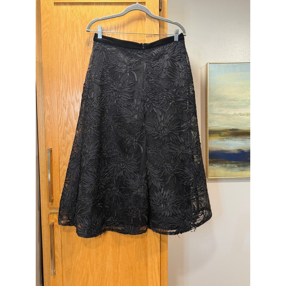 Eva Franco Beaded Black Floral Midi Skirt Velvet Waistband A-Line Size 6 Luxury - Picture 7 of 7